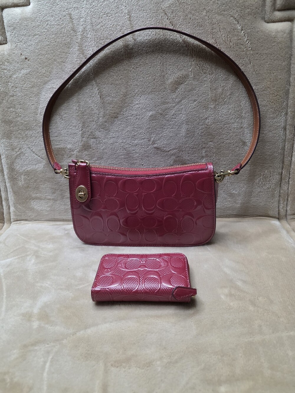 Coach Penn Shoulder Bag & Matching Zip Card Case Wallet Set — Red Patent Leather